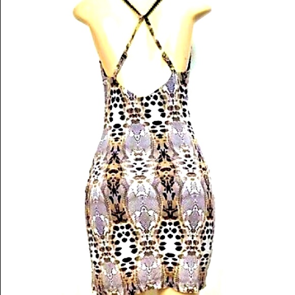 Bebe Snake Skin Print Mini Dress with Gold Chain Criss Cross Straps Cowl Neck - Picture 3 of 11